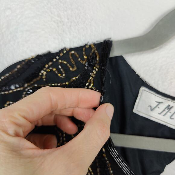 Vintage JMC Beaded Silk Dress Womens Medium Black Gold‎ Floral Embellished Shift - Picture 7 of 7